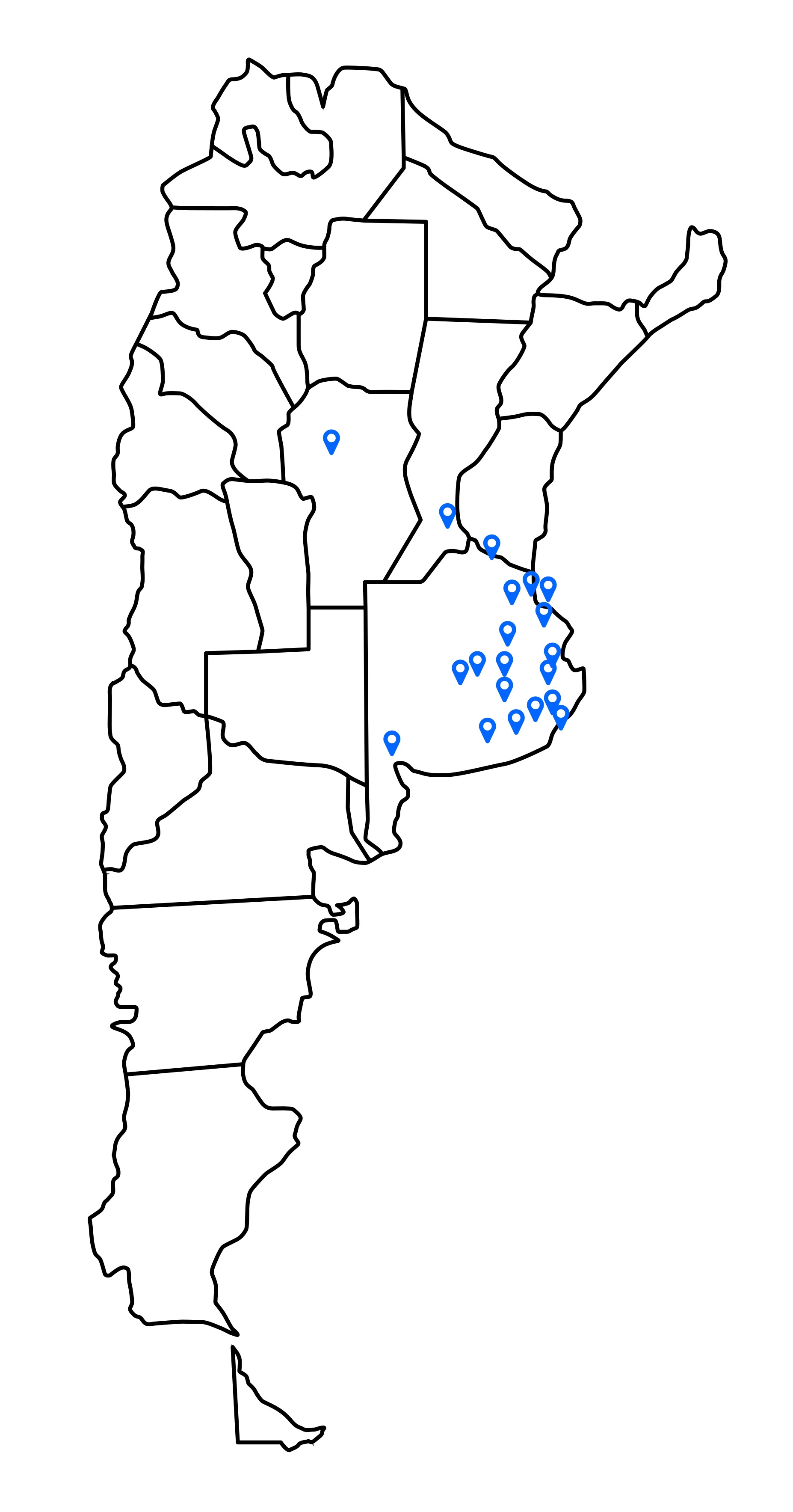 Un mapa de la republica Argentina con marcaciones en azul de las diferentes zonas donde funciona la ONG